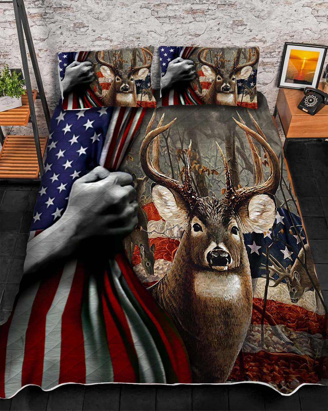 Unique Deer Hunting Flag Quilt Bedding Set - Deer Camo Quilt Bed Set To Mom Dad Wife Husband Kids Son Daughter