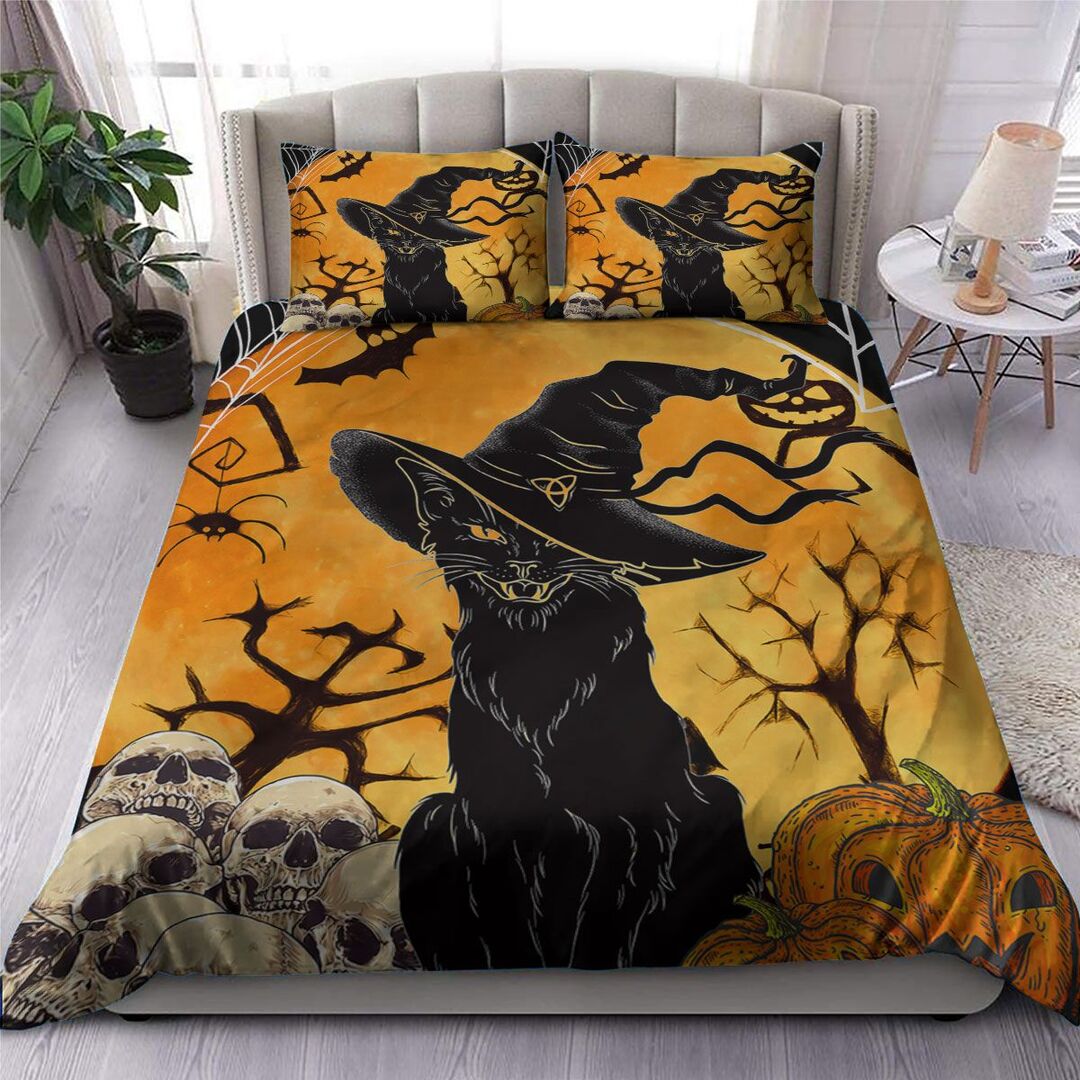 Halloween Black Cat Quilt Bedding Set - Skull And Pumpkin Comforter Set Twin Queen King Size