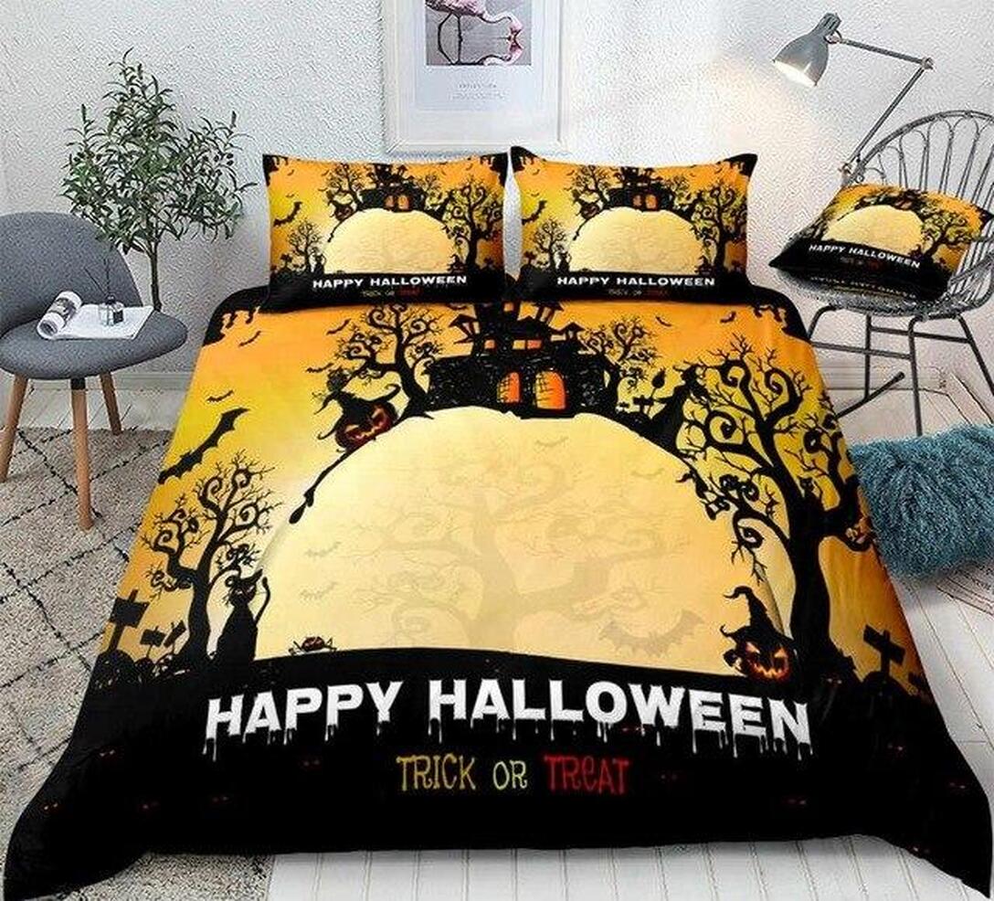 Happy Halloween Quilt Bedding Set - Trick Or Treat King Queen Twin Throw Size Comfortable