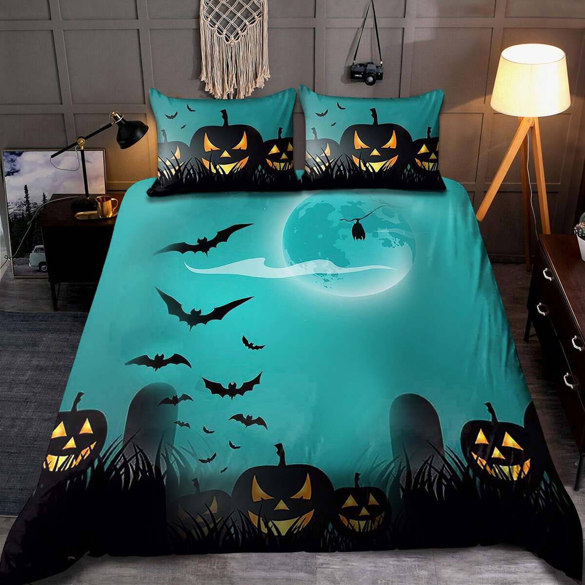 The Black Bat And Pumpkin Quilt Bedding Set - Blue Quilt Bed Set Comforter Home Room Decoration