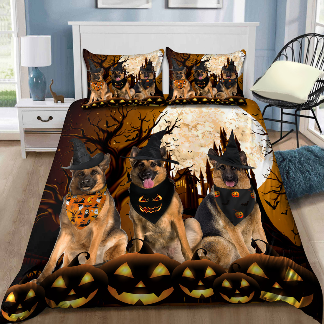 Three Cool German Shepherd Dog Quilt Bedding Set - Pumpkin And Moon Light Bedroom Decor King Queen Twin Comforter Set