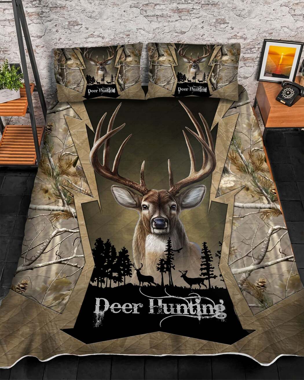 Unique Deer Hunting Brown Quilt Bedding Set - Deer Hunter Camo Quilt Bed Set King Queen Twin Size